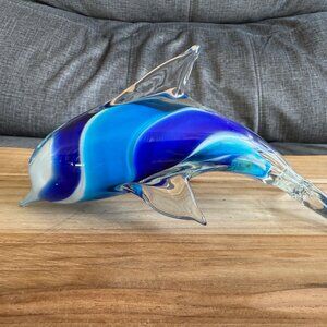 Murano Style Glass Dolphin Figurine with shades of blue, aqua and white